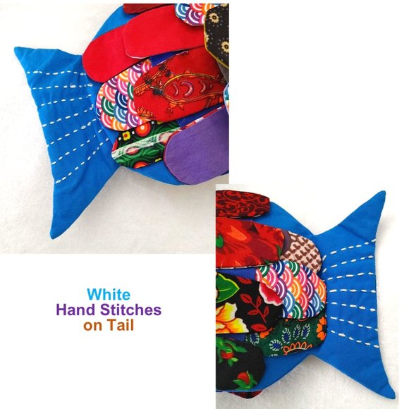 New Patchwork Kids Fish Blue Crossbody Bag Mini Tote Drawstring Red Purple Lined - Picture 8 of 11